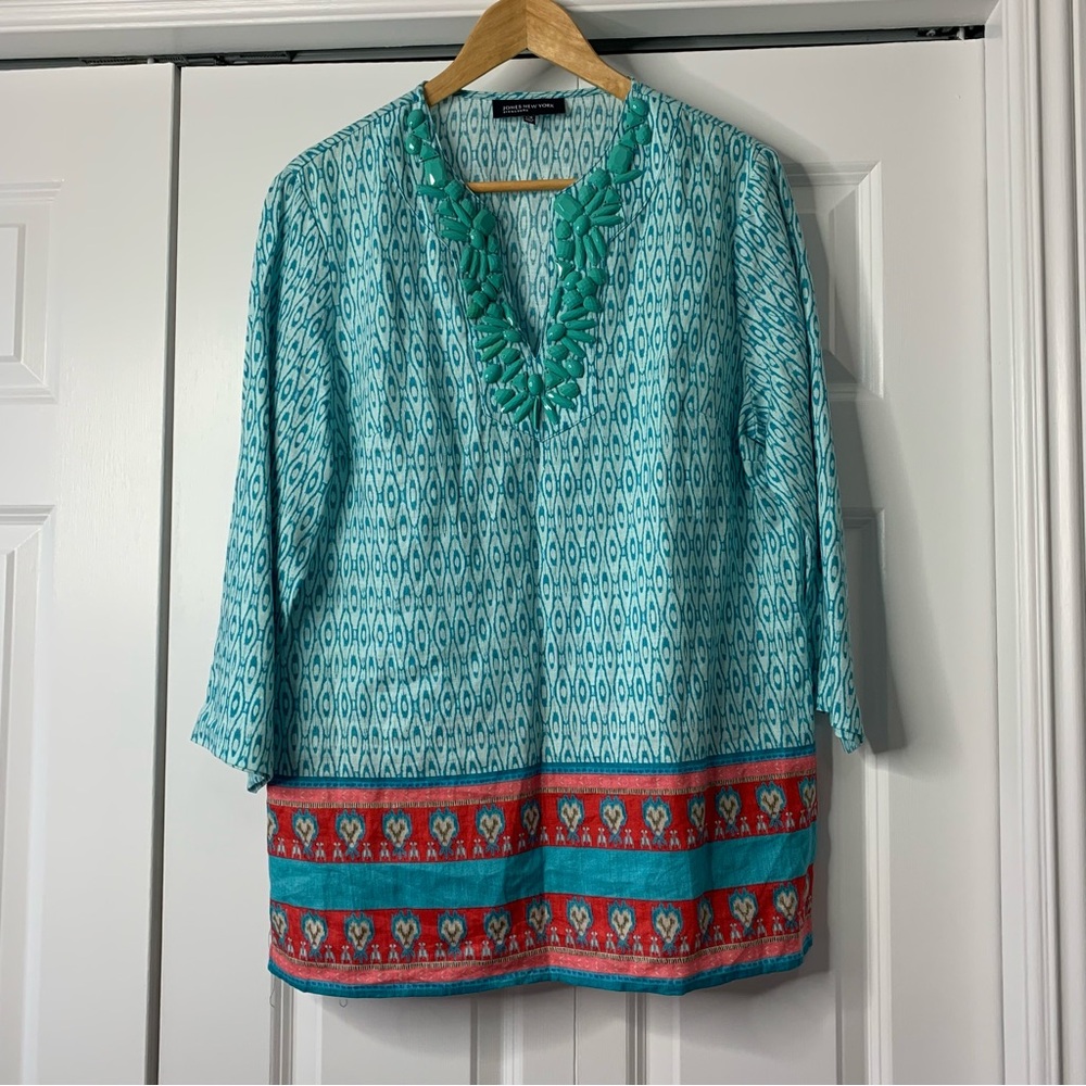 Jones New York 100% Linen  Adorned Aqua Ikat Pattern Tunic Size L